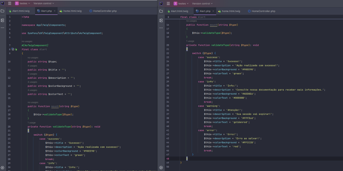 Código completo do componente Alert.php no editor